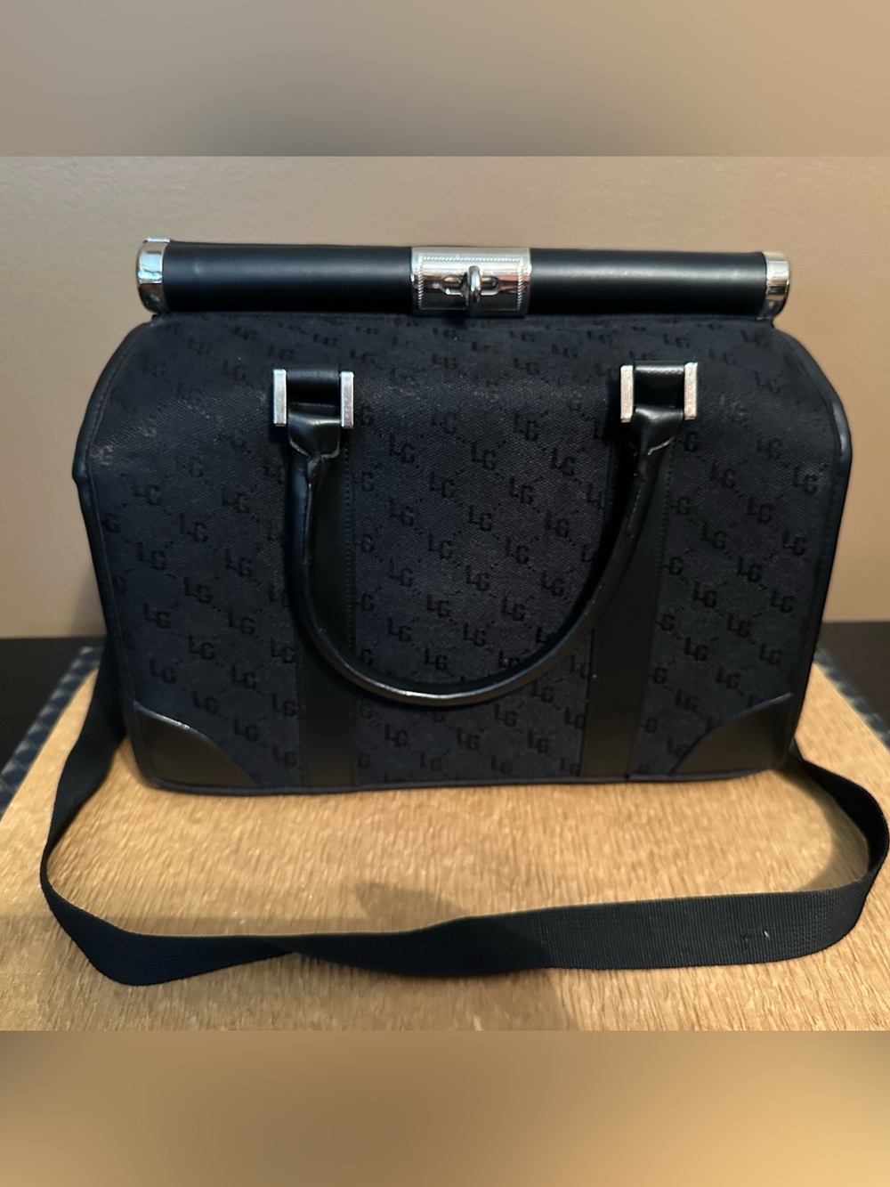 Lori Greiner Black Monogram Top-Handle Travek Bag with Silver Hardware